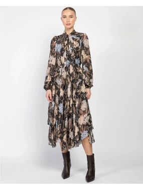 Floral Tie-Neck Long Sleeve Midi Dress in Black Floral